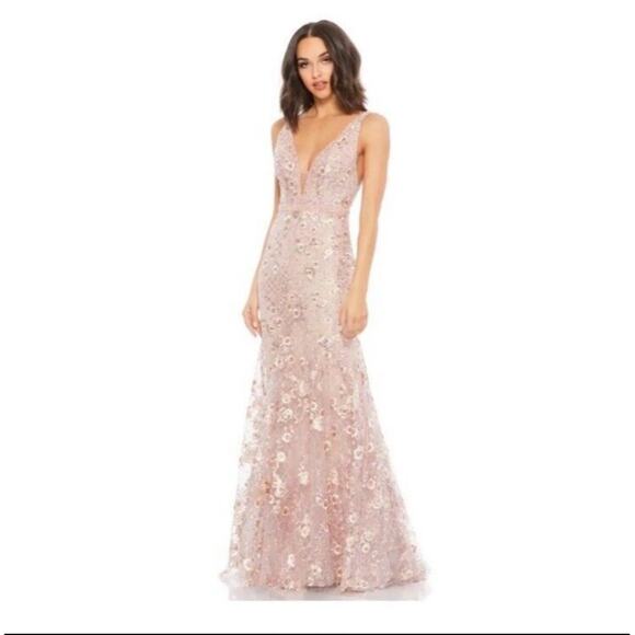 Mac Duggal 67481 Pink Floral Embellished Sleeveless Plunge Neck Gown - Rose Pink